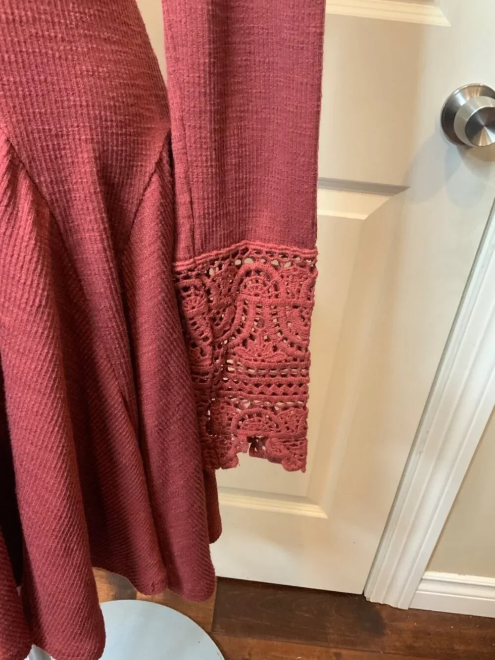 Free People Little Love Red Thermal Mini Dress W/ Crochet Lace Cuffs, Size XS